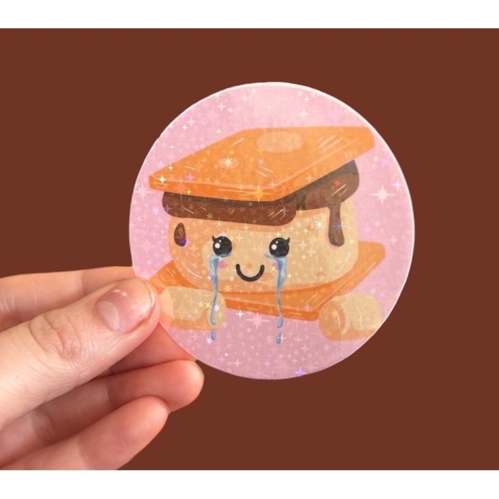 Kawaii Crying S'more Glitter Holographic Sticker Round Vinyl Decal Pink Sparkle